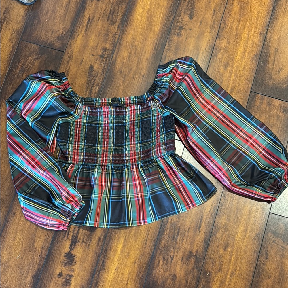 Colorful Plaid Puff Sleeve Top